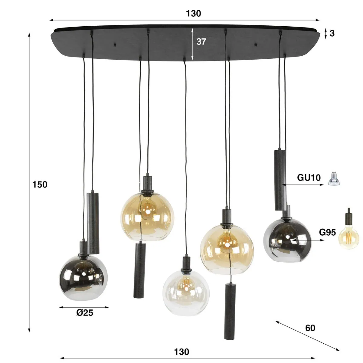 Tessio 9-lichts Hanglamp Multikleur glas - Afbeelding 8